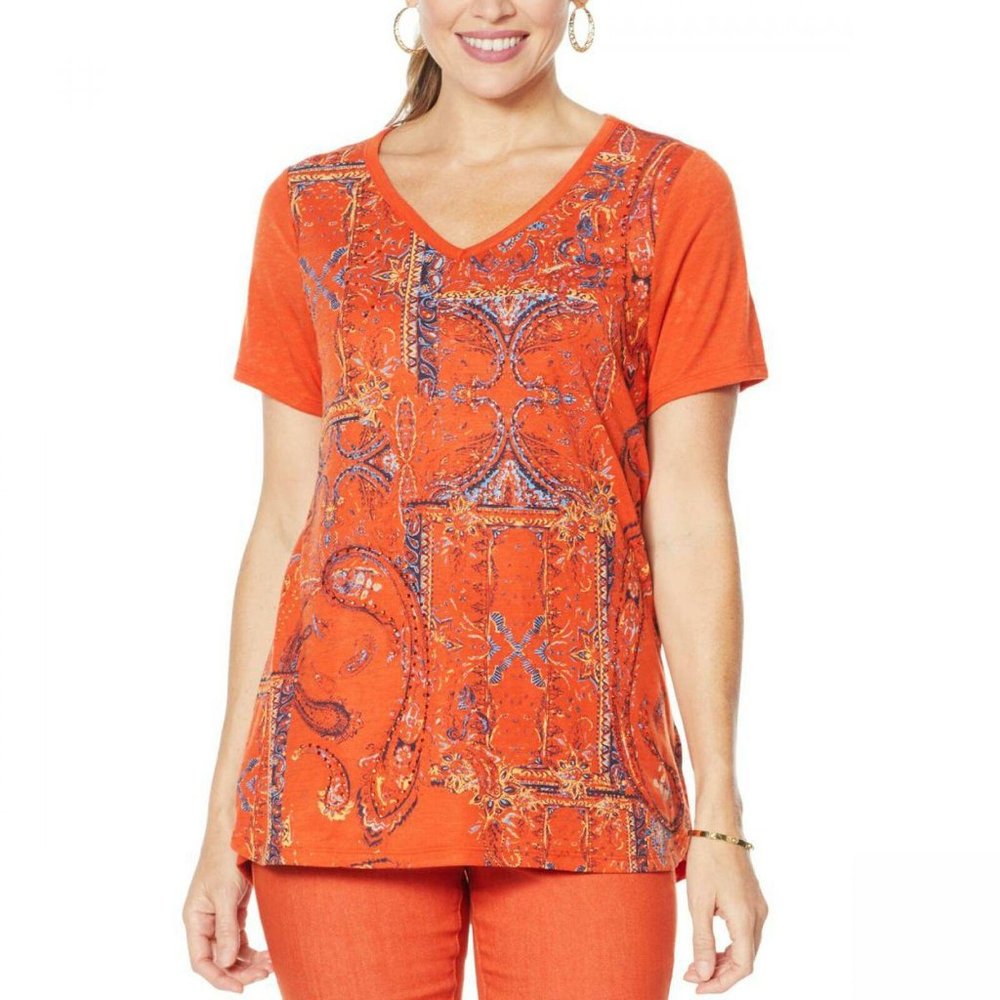 NWT DG2 Burnout Embellished Top XS Rust Paisley - Picture 1 of 7